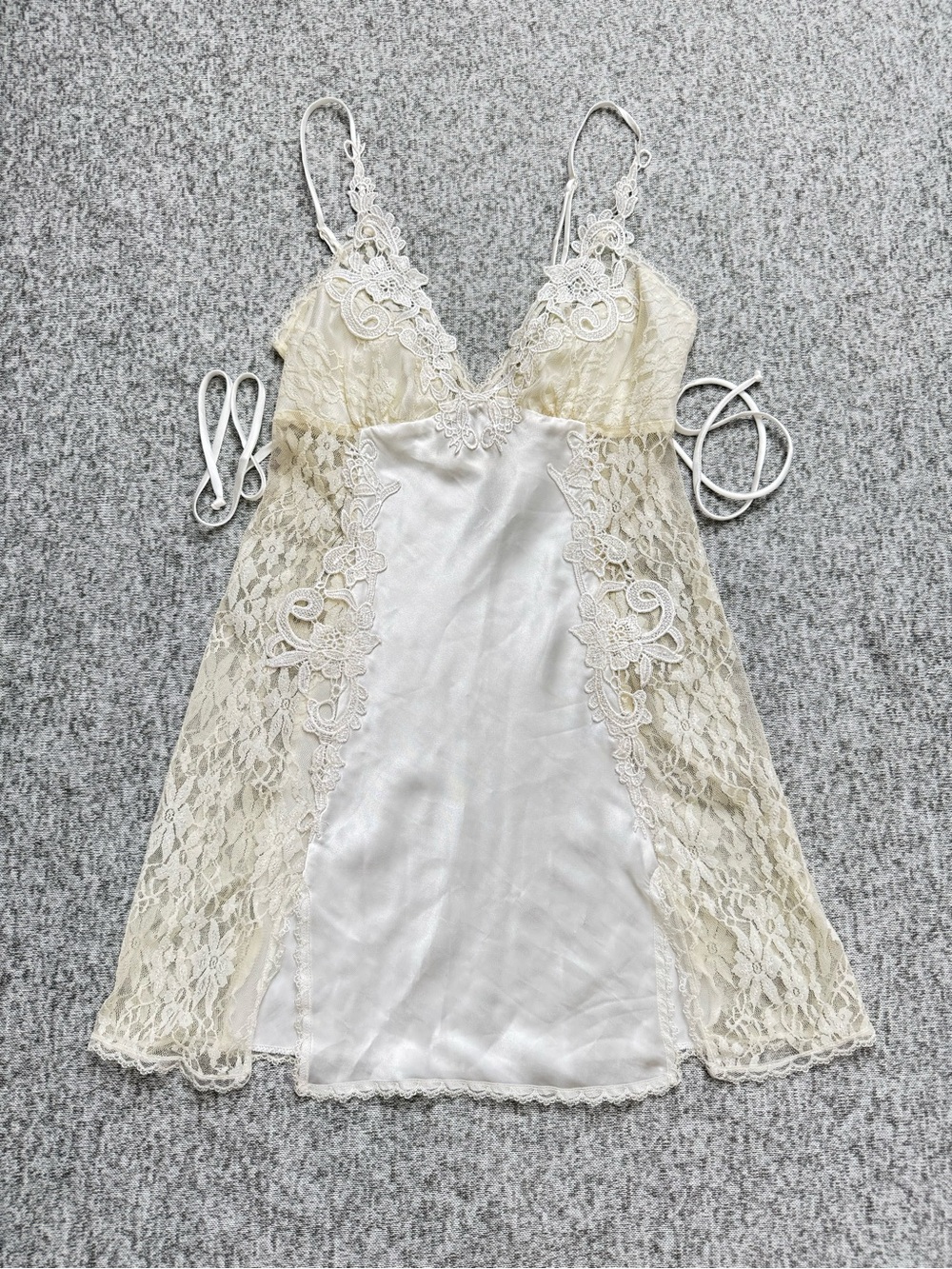 Ivory Lace & Satin V-Neck Chemise with Floral Appliqué